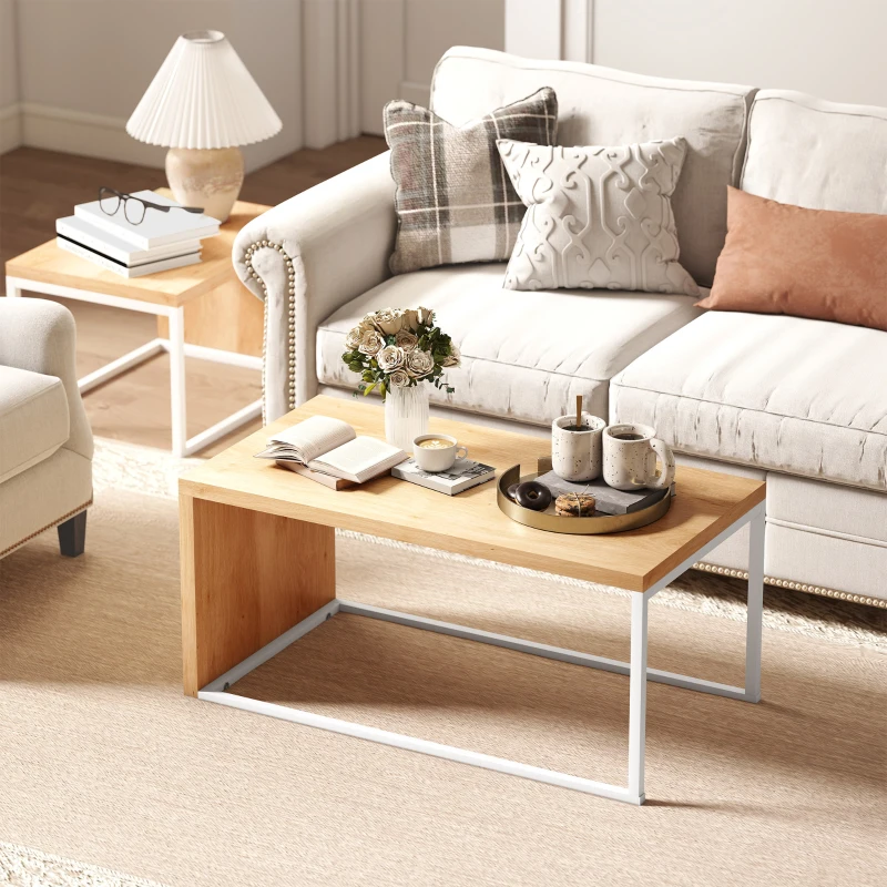 HOMCOM Set di 2 Tavolini da Salotto Struttura in Metallo per Soggiorno 90x48x42 cm e 59x42x36 cm Naturale e Bianco