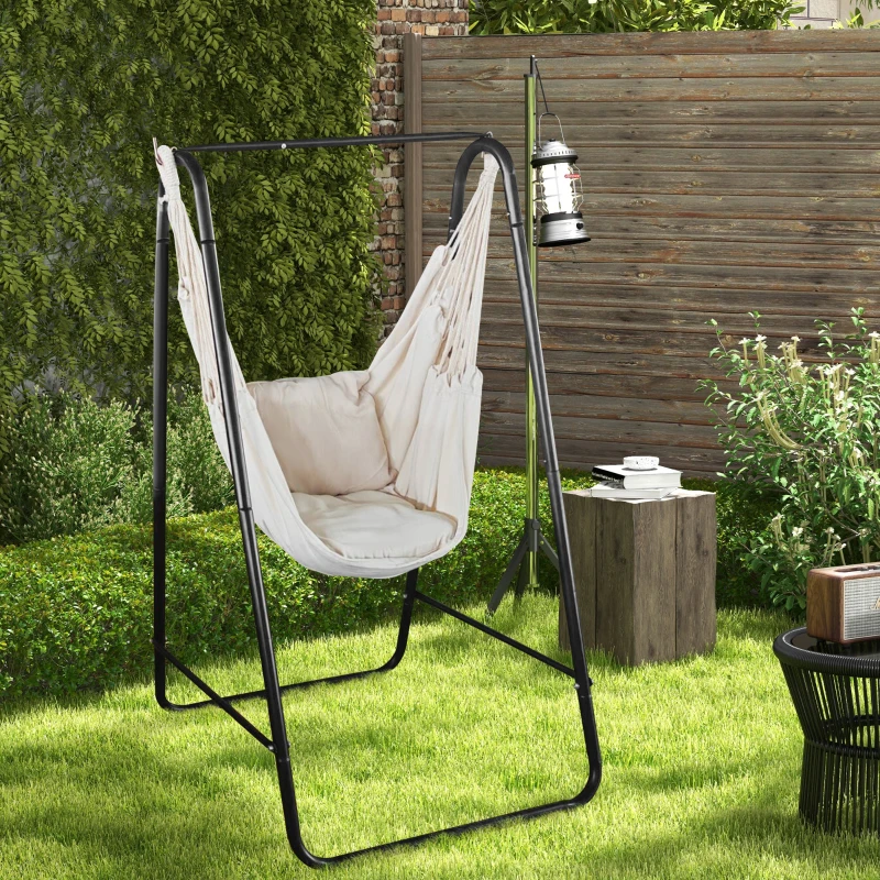 Outsunny Chaise hamac de jardin avec support, chaise suspendue avec coussin, accoudoir, crochets, blanc crème