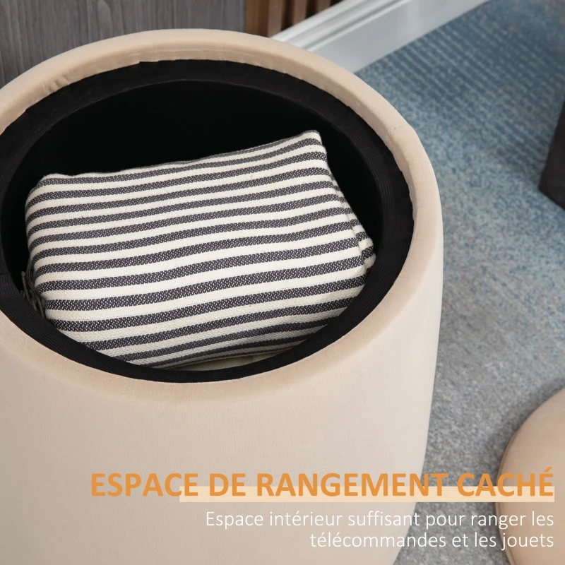 HOMCOM Pouf coffre rangement, pouf repose-pieds en tissu velours givré, couvercle réversible, Ø 44 x 47,5 cm, beige
