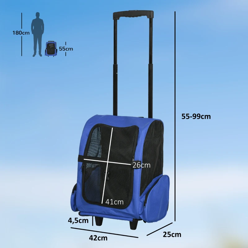 Hondentrolley transporttas draagtas dieren 2-in-1 rugzak trolley blauw