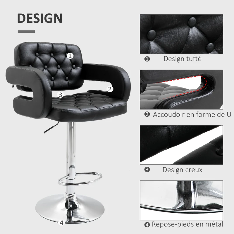 HOMCOM Tabouret de bar pivotant chaise de bar réglable en hauteur avec dossier repose-pieds et accoudoirs 61x50x94-114cm noir