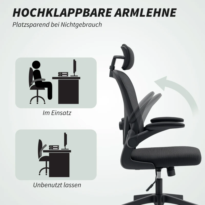 HOMCOM Bürostuhl Ergonomischer Schreibtischstuhl mit Hochklappbaren Armlehnen, Verstellbarer Lendenwirbelstütze Schwarz
