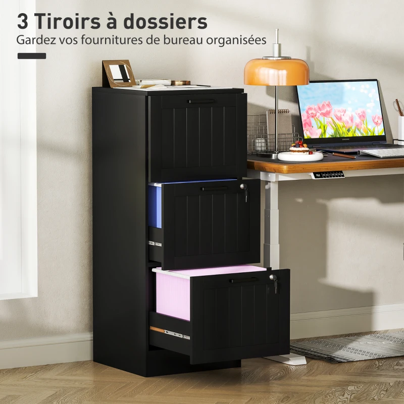 HOMCOM Caisson bureau, meuble rangement bois 3 tiroirs et serrure, barres de suspension réglables, 40 x 40 x 101 cm, noir