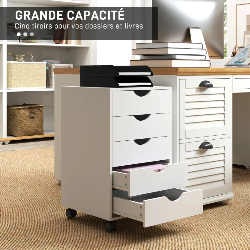 HOMCOM Caisson bureau mobile, meuble rangement sur roulettes avec 5 tiroirs, bois, 40 x 40 x 67 cm, blanc