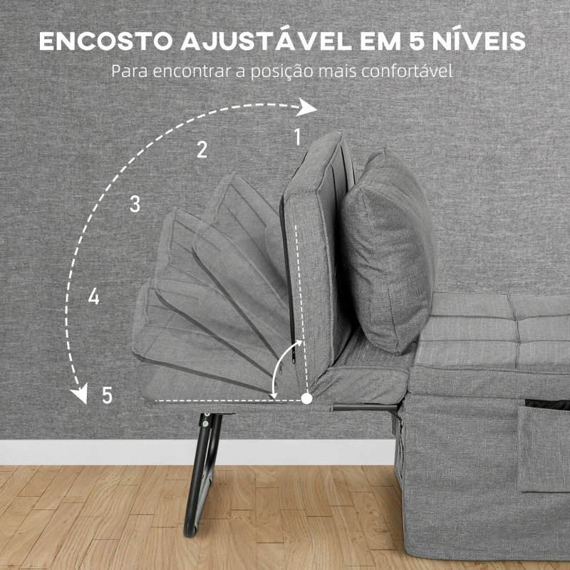 HOMCOM Sofá Cama 4 em 1  Estofado em Linho com Encosto Ajustável em 5 Níveis e Almofada Acolchoada  75x80x74 cm Cinza