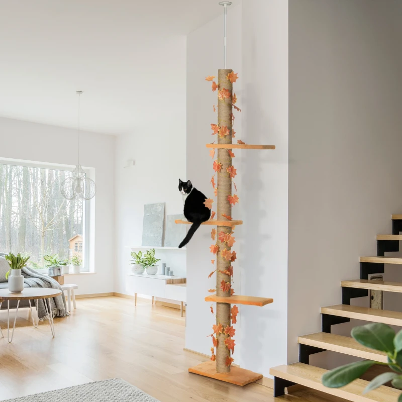 PawHut Arbre à chat hauteur réglable 202-242 cm avec feuilles décoratif, griffoir et plateformes en tissu peluche orange