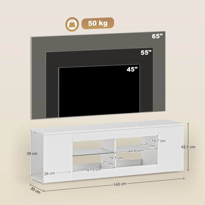 HOMCOM Soporte TV 140 cm, cómoda para TV, 6 compartimentos, 2 estantes de cristal, tablero de partículas, blanco