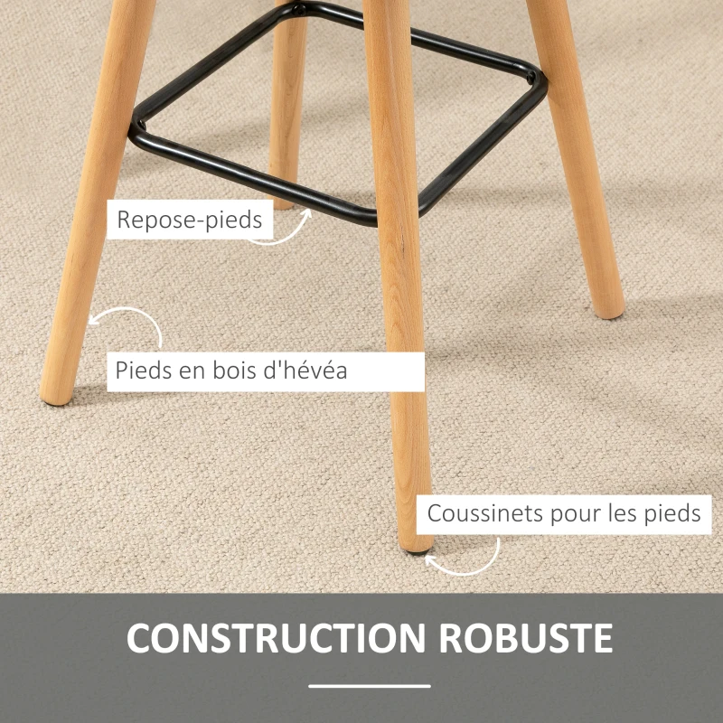 HOMCOM Lot de 2 tabourets de bar, chaises de bar capitonnées avec dossier et repose-pieds, pieds en bois, 41,5x47x97,5cm, gris