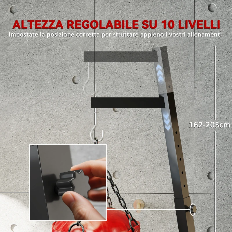 SPORTNOW Supporto Sacco da Boxe Regolabile in Altezza e Autoportante con Base Triangolare, 170x90x182-225 cm, Nero