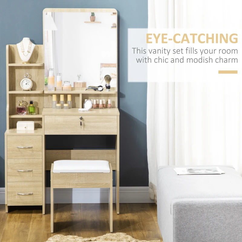 HOMCOM Masă de machiaj cu oglindă, scaun, sertare și rafturi alb