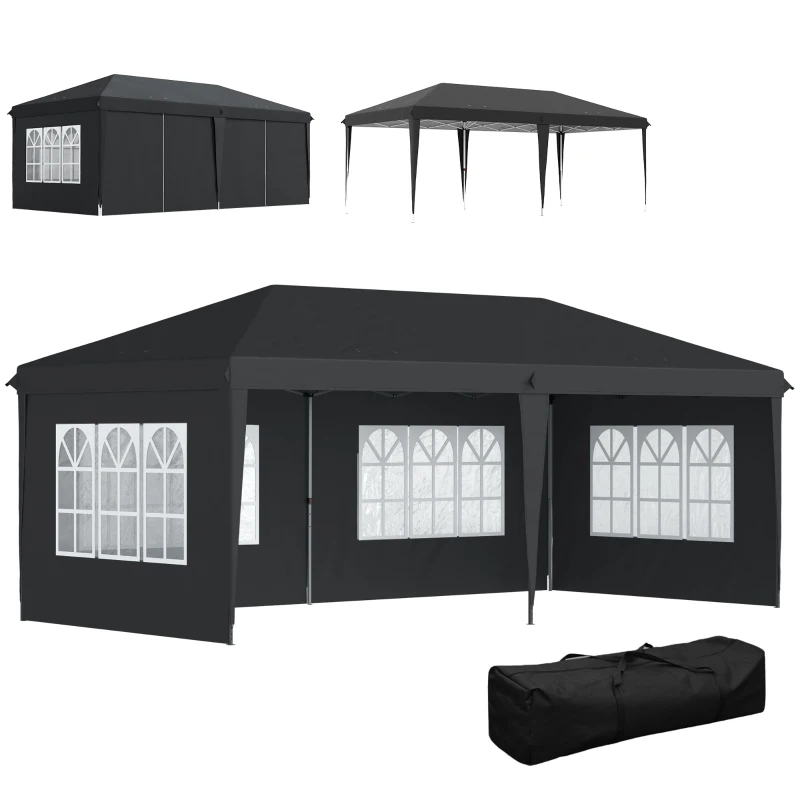 Outsunny Pabellón aprox. 3x6m Impermeable Pabellón plegable pop-up con 4 paredes laterales, ventanas Protección UV Bolsa de transporte Negro