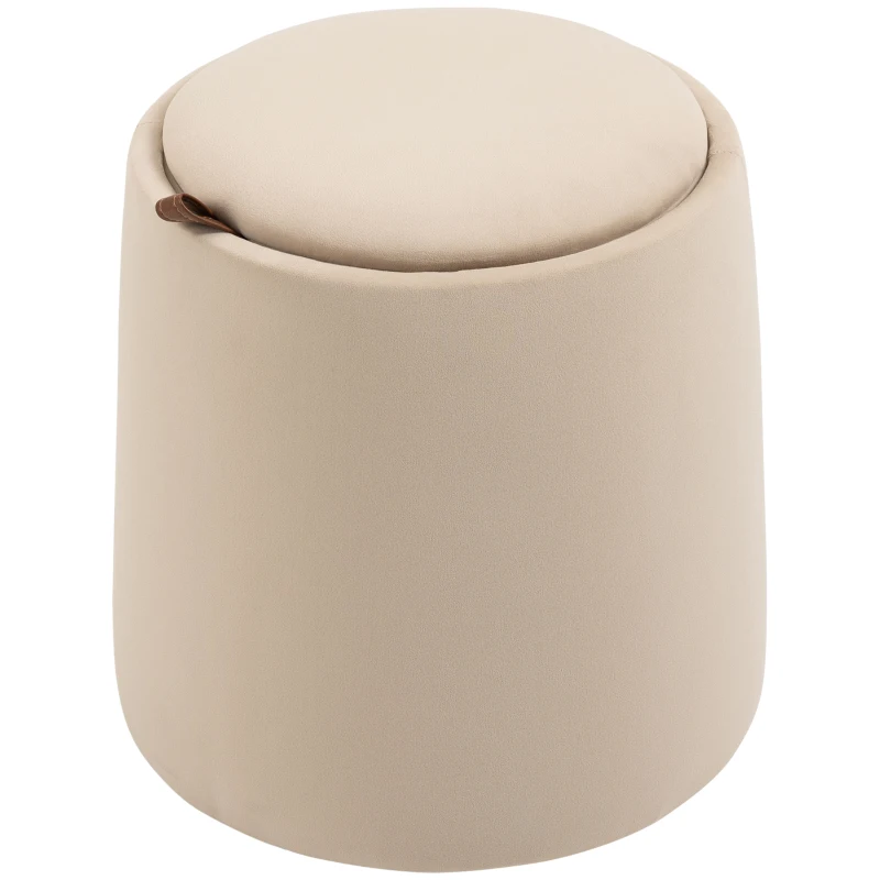 HOMCOM Pouf coffre rangement, pouf repose-pieds en tissu velours givré, couvercle réversible, Ø 44 x 47,5 cm, beige