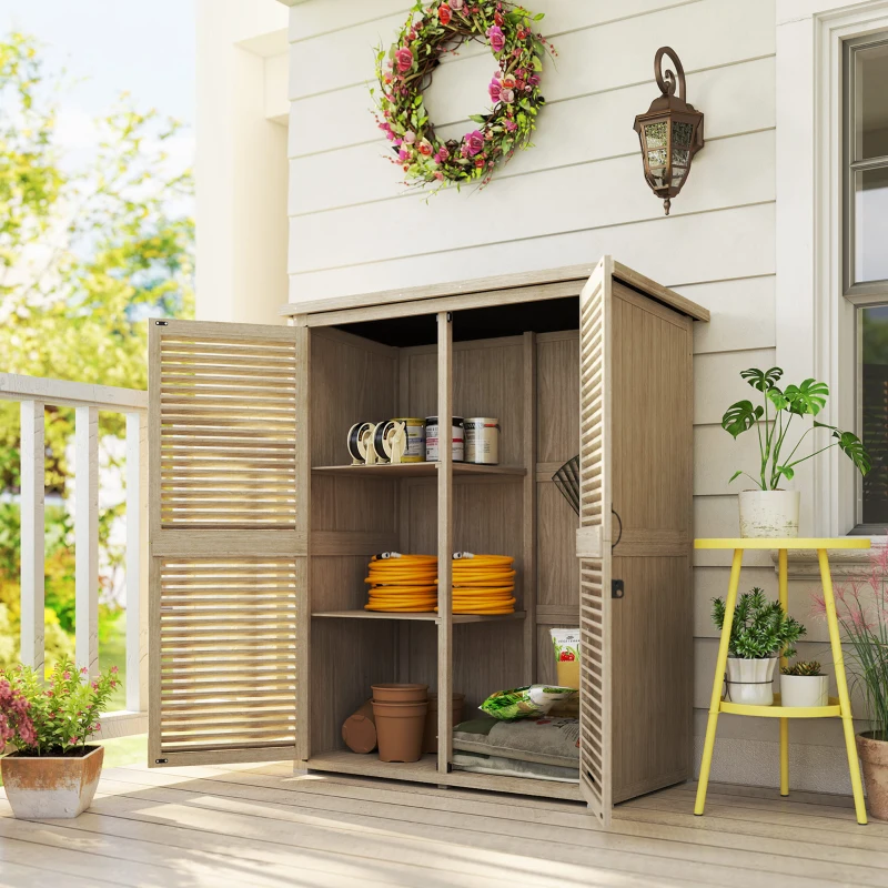 Outsunny Armadio da Esterno Portaoggetti a 2 Ripiani con Picchetti, in Legno di Abete, 127x65x159.5/168 cm