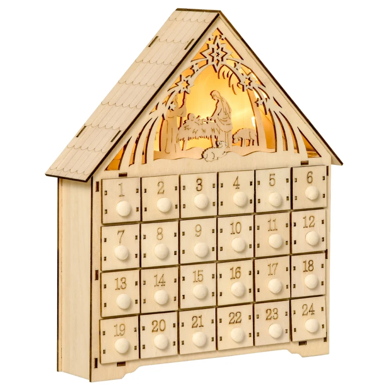 HOMCOM Calendrier de l'Avent à remplir en bois, décoration de Noël avec 24 tiroirs et 5 lumières LED, 26,6x6x30cm, bois naturel