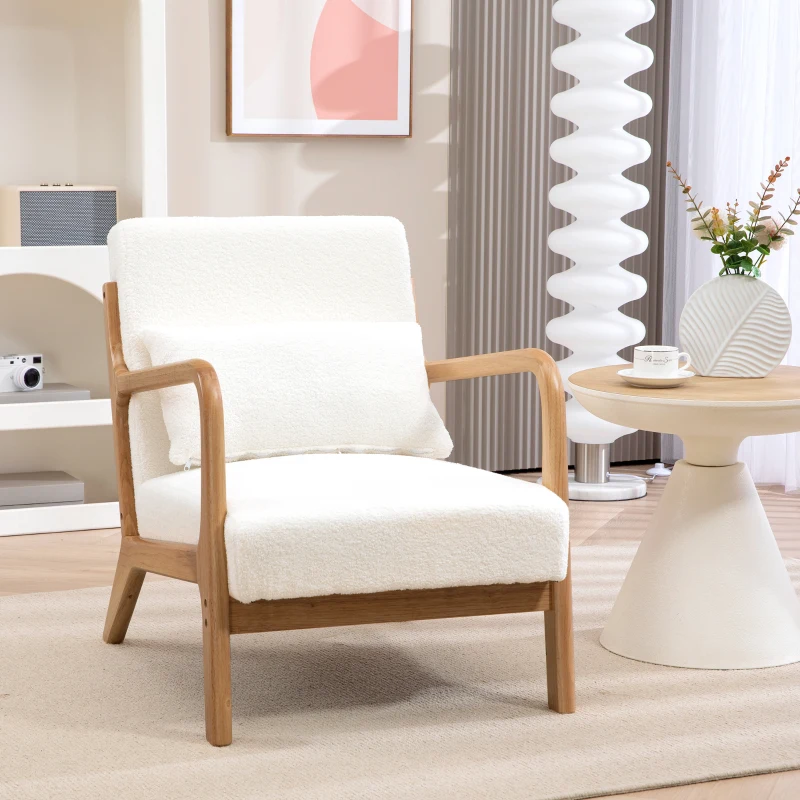 HOMCOM Fauteuil lounge - 3 coussins inclus - assise profonde - accoudoirs - structure bois hévéa - aspect velours crème