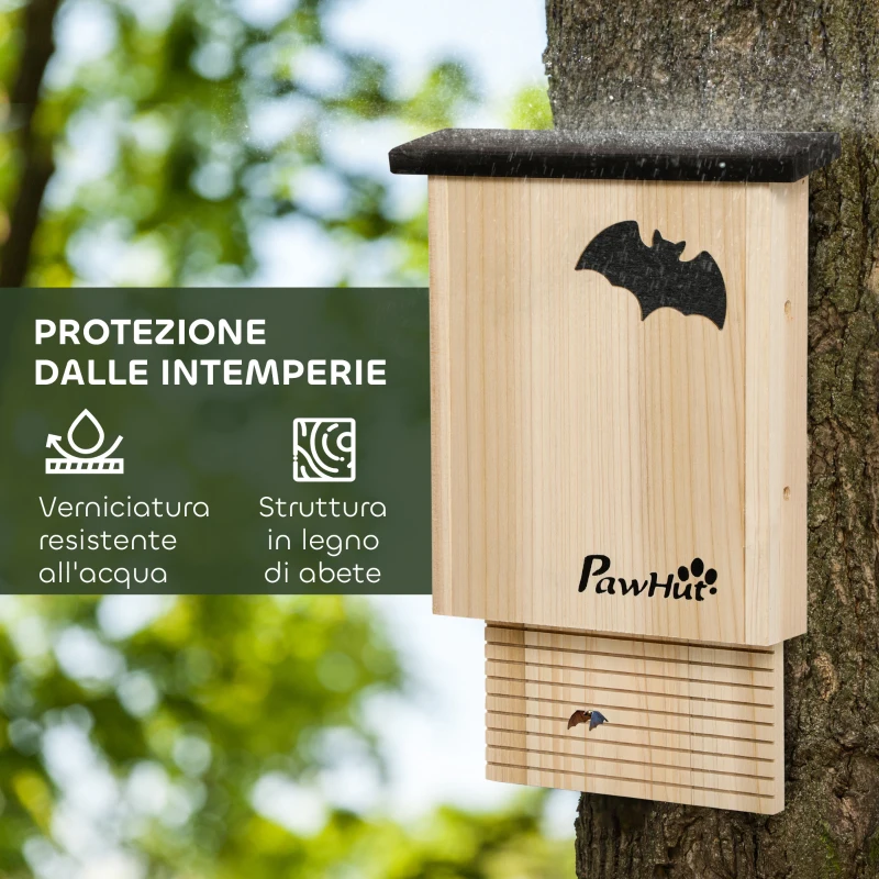 PawHut Set di 3 Casette per Pipistrelli in Legno di Abete per Esterni, 25x6x37.5 cm, Legno Naturale
