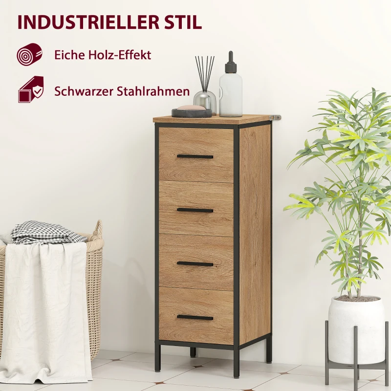 HOMCOM Badezimmerschrank, 4 Schubladen, kompakt, Industrie-Stil, Spanplatten, Metall