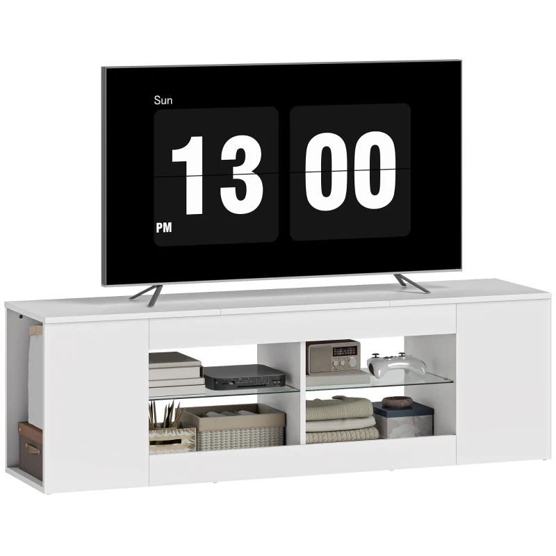 HOMCOM Soporte TV 140 cm, cómoda para TV, 6 compartimentos, 2 estantes de cristal, tablero de partículas, blanco