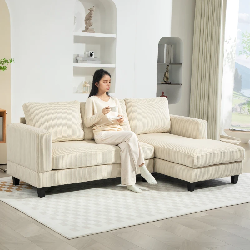 HOMCOM Canapé d'angle en velours côtelé 3 places avec méridienne et coussin à ressorts épais, largeur 214 cm, beige