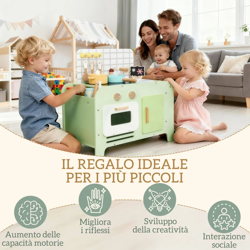 AIYAPLAY Set Cucina Giocattolo in Legno per Bambini da 3+ Anni con 15 Accessori, Verde