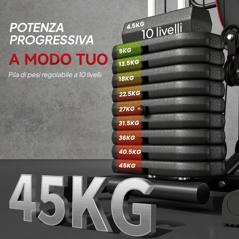 HOMCOM Stazione Fitness con Pesi da 45kg in Acciaio per Allenamento a Casa, 170x104x205cm, Nero