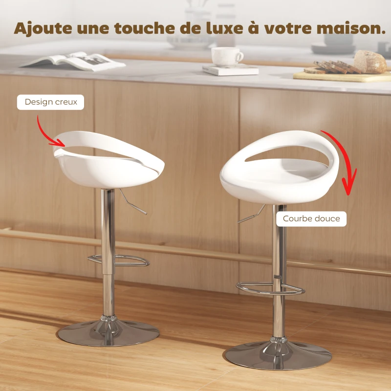 HOMCOM Lot de 2 tabourets de bar chaises de bar hauteur réglable dossier et repose-pieds pivotant à 360° 46x41x76-96cm blanc