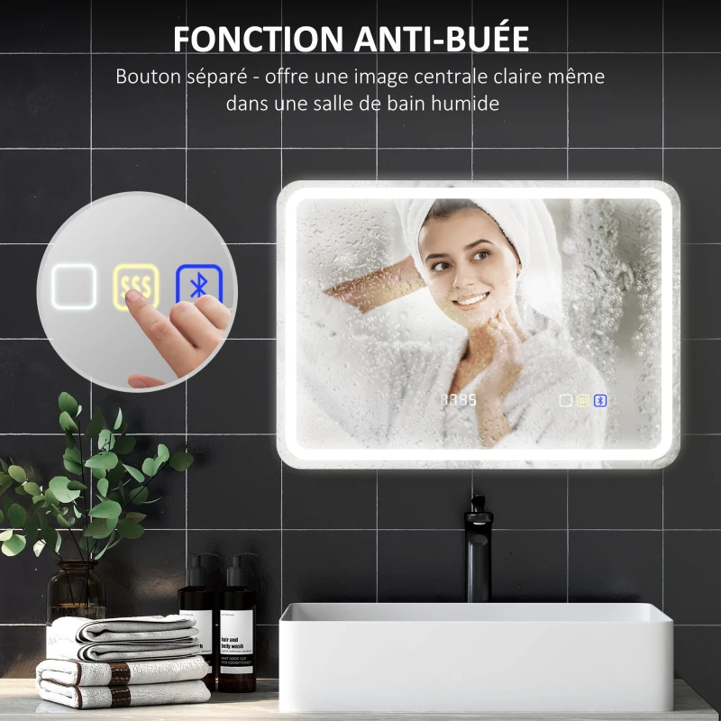 HOMCOM Miroir salle de bain Bluetooth avec éclairage LED 50 x 70 cm, miroir lumineux mural avec horloge, antibuée, argenté