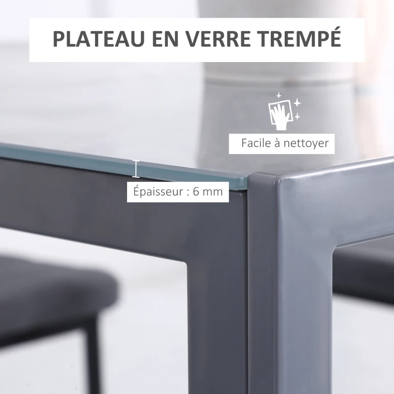 HOMCOM Table à manger pour 4 personnes, table de cuisine avec plateau en verre trempé et pieds en métal, 75 x 75 x 75 cm, gris