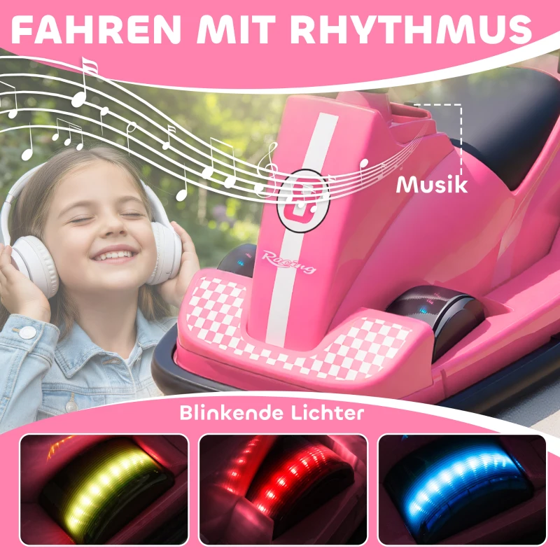 AIYAPLAY Autoscooter für Kinder, um 360 Grad drehbar, Lenkrad, LED-Lichter, Musikfunktion, 3-8 Jahre, Rosa