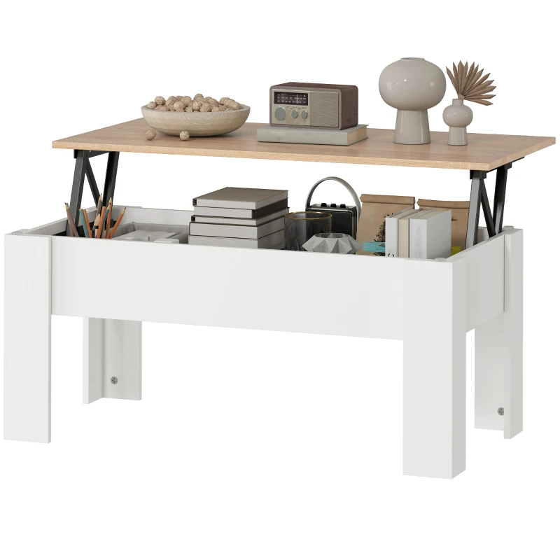 HOMCOM Table basse relevable, table de salon avec compartiment caché, style moderne, pour salon, bureau, 100x50x45cm, blanc