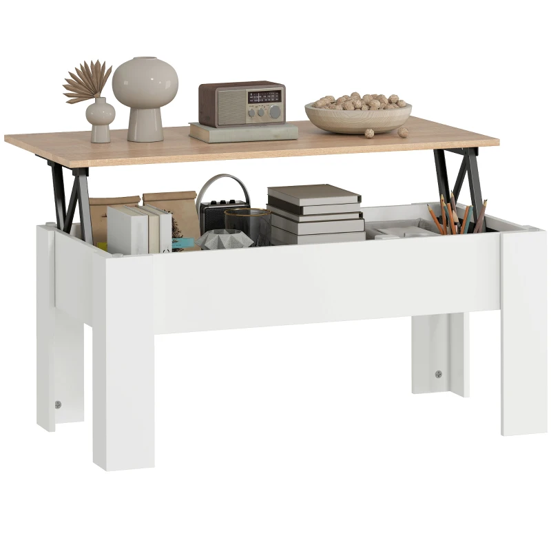 HOMCOM Table basse relevable, table de salon avec compartiment caché, style moderne, pour salon, bureau, 100x50x45cm, blanc