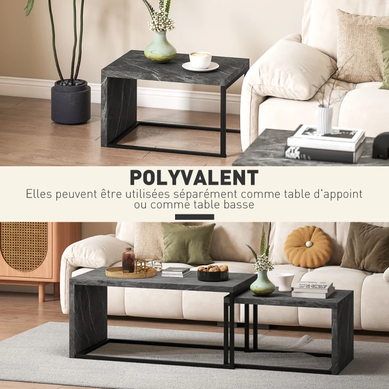 HOMCOM Lot de 2 tables basses gigognes design industriel encastrable en métal noir et effet marbre gris foncé
