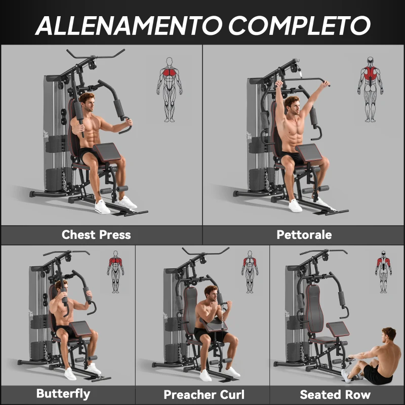 HOMCOM Stazione Fitness con Pesi da 45kg in Acciaio per Allenamento a Casa, 170x104x205cm, Nero