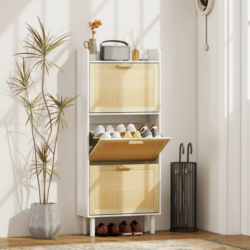 HOMCOM Meuble à chaussures 3 portes abattants étagère effet résine tressée design bohème 65 x 24,5 x 153 cm blanc