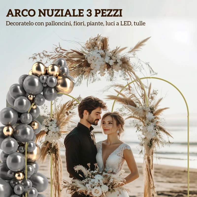 Outsunny Set di 3 Archi da Giardino da 1.8-2-2.2 m, Archetti Decorativi in Metallo, Colore Oro