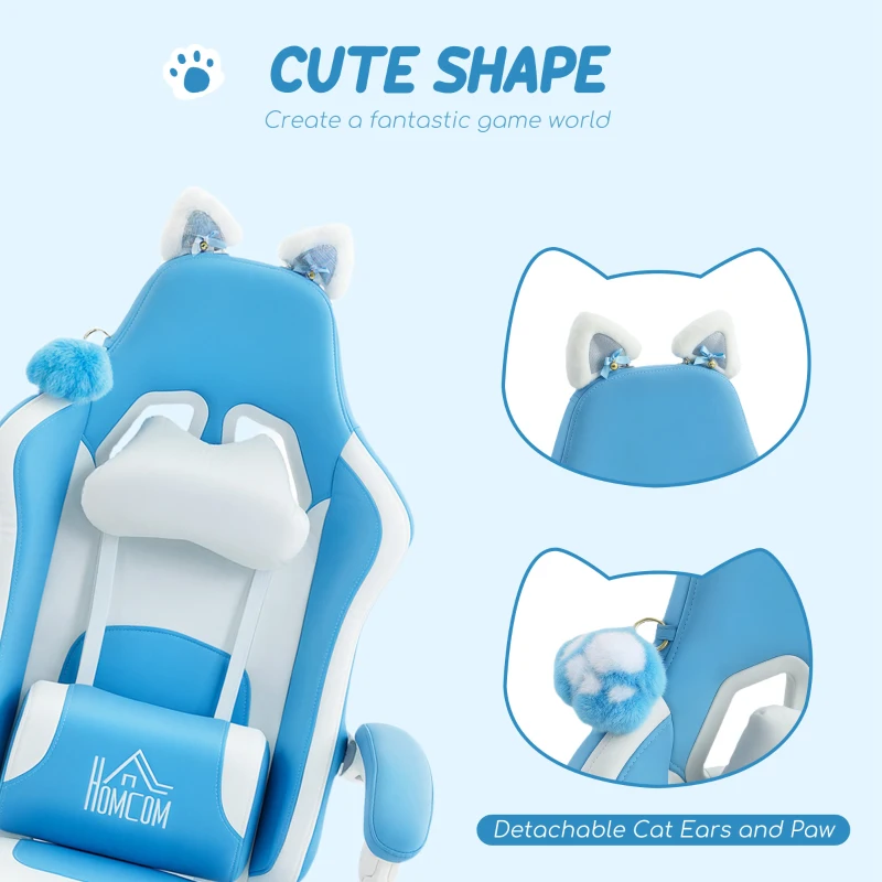 HOMCOM Scaun de gaming reclinabil cu suport pentru picioare și perne, 65x62x124 cm, alb și albastru