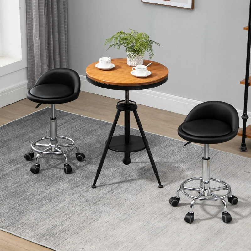 HOMCOM Lot de 2 tabouret à roulette pivotant 360°, assise réglable 47-62H cm, acier chromé revêtement synthétique noir