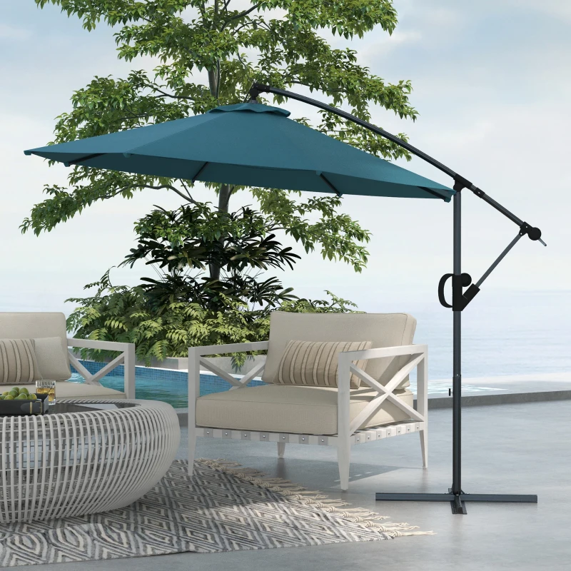 Outsunny Parasol déporté octogonal inclinable Ø2,93 x 2,60 m avec manivelle protection UV pour balcon patio terrasse bleu