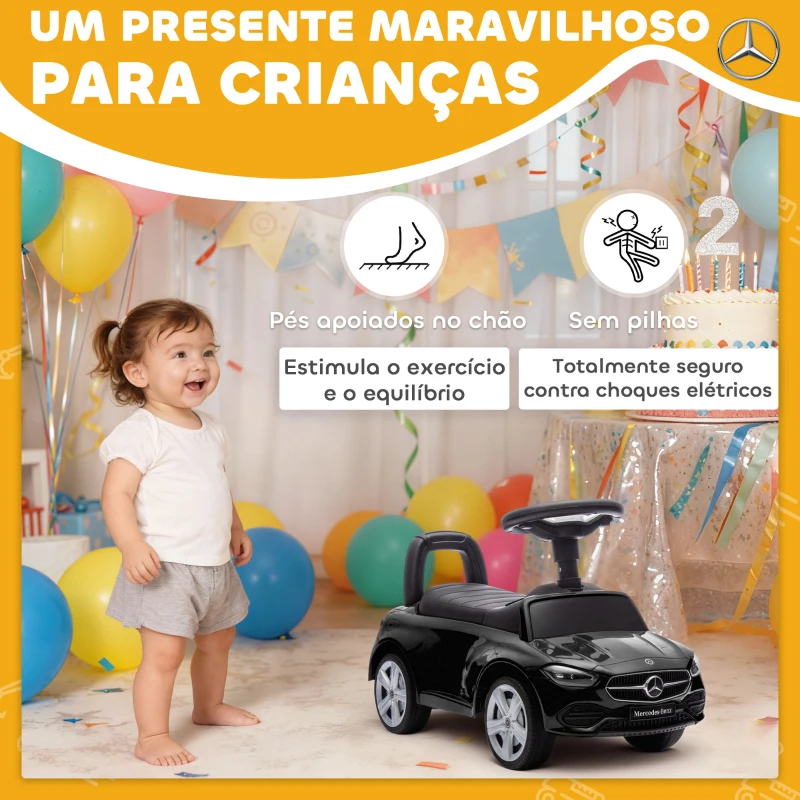 AIYAPLAY Carro Andador para Crianças Mercedes-Benz Classe C com Buzina Volante Sons de Motor e Espaço de Armazenamento 65x28x39 cm Preto