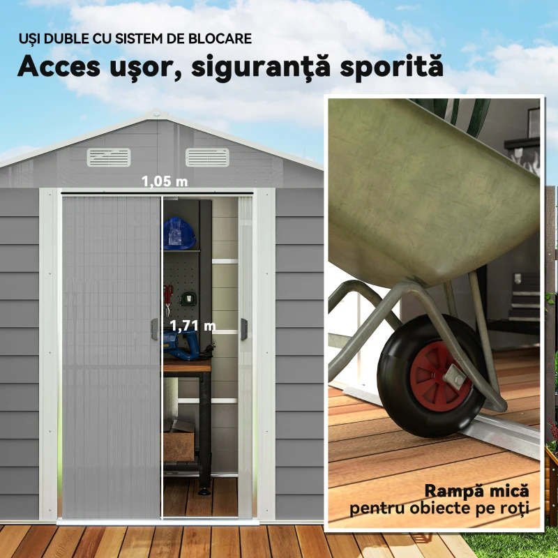 Outsunny Magazie de Gradina, Suport pentru Unelte din Otel cu Usi Glisante si Orificii de Aerisire, 196x236x208 cm, Maro