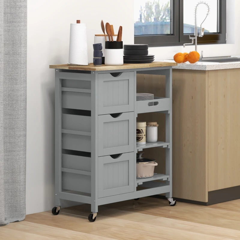 HOMCOM Chariot desserte de cuisine à roulettes plan de travail en bois 3 tiroirs et 1 plateau amovible 67 x 37 x 85,5 cm gris