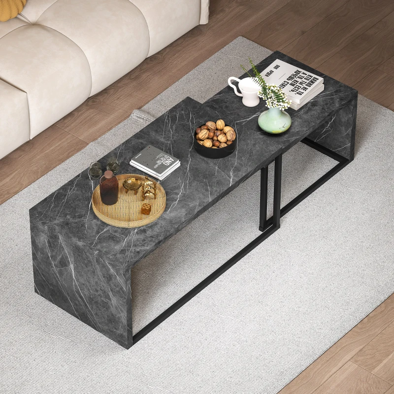 HOMCOM Set of 2 nesting coffee tables industrial design space-saving in black metal and dark grey marble effect