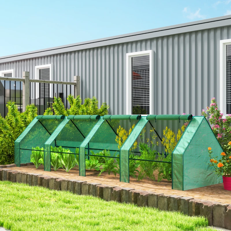 Outsunny Mini Garden Greenhouse with 4 Roll-Up Doors and Extended Cover, Steel & PE, 360x90x90 cm, Green