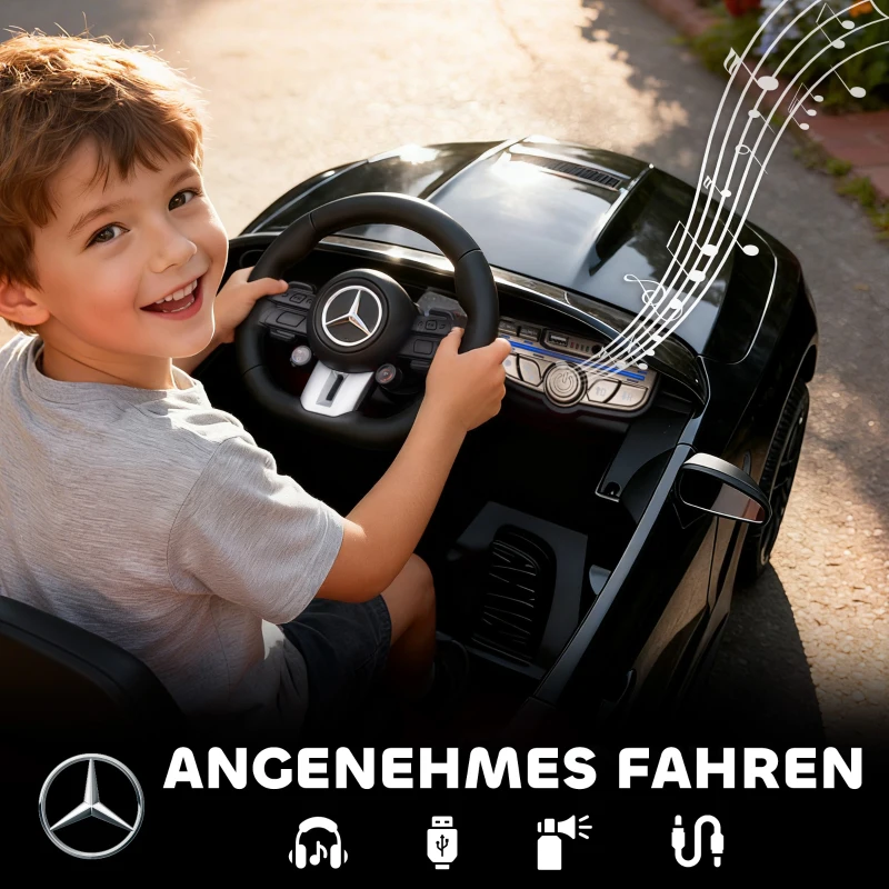 AIYAPLAY Kinder-Elektroauto, Mercedes-Design, 12V Motoren, Fernbedienung, LED-Lichter, Musik, für 3-6 Jahren Kinder, Schwarz