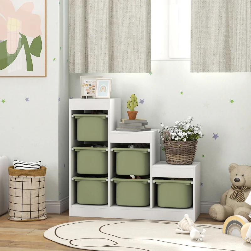 AIYAPLAY Meuble de rangement pour jouets des enfants avec 6 bacs amovibles, 3 niveaux de rangement, 96 x 38,5 x 90, vert