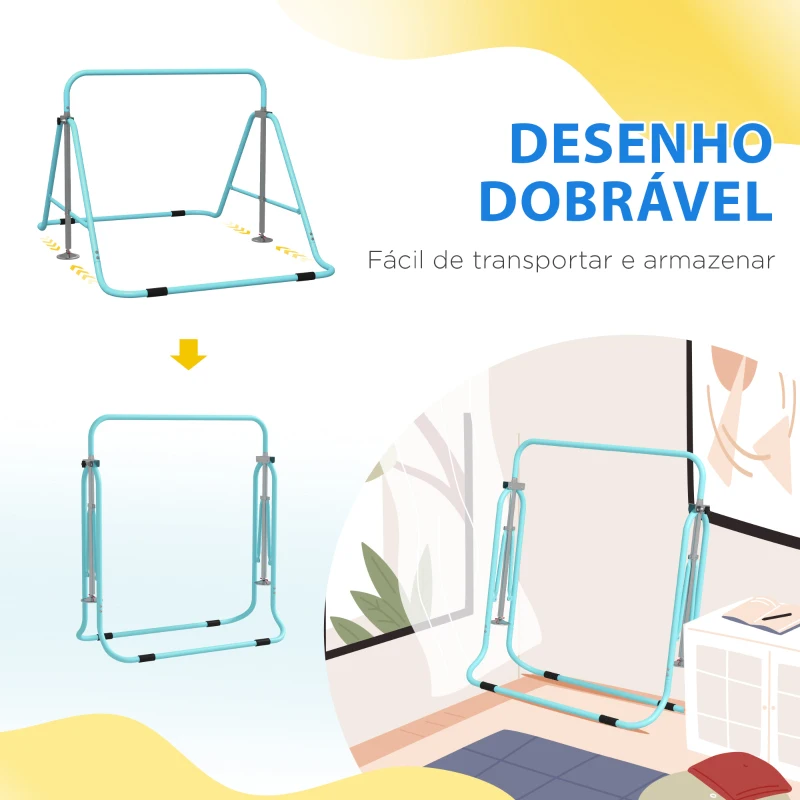 HOMCOM Barra de Ginástica para Crianças Dobrável com Altura Ajustável para Treino em Casa 154x106,2x88,5-128,5 cm Azul Celeste