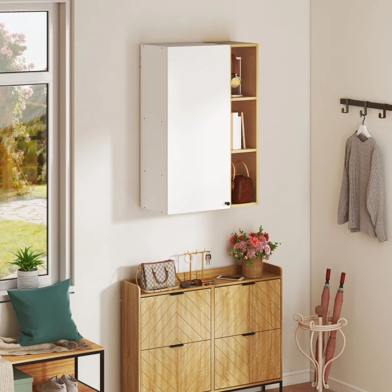 HOMCOM Armario de Baño de Pared con Repisas Regulables y 3 Estantes Abiertos, 59.5x30x90 cm, Blanco y Madera