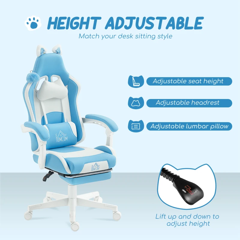 HOMCOM Scaun de gaming reclinabil cu suport pentru picioare și perne, 65x62x124 cm, alb și albastru