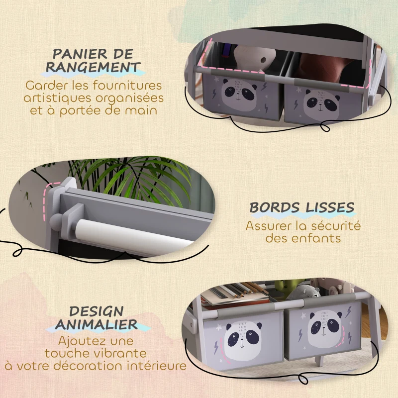 AIYAPLAY Tableau chevalet enfant ardoise double face tableau à craie rouleau papier 2 paniers 54 x 46,5 x 93 cm gris