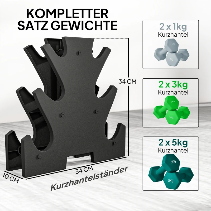 SPORTNOW Hantelset mit Aufbewahrungsgestell, Set mit 6 Hanteln für Fitness-Training, 2 x 1kg, 2 x 3kg, 2 x 5kg(m-4)